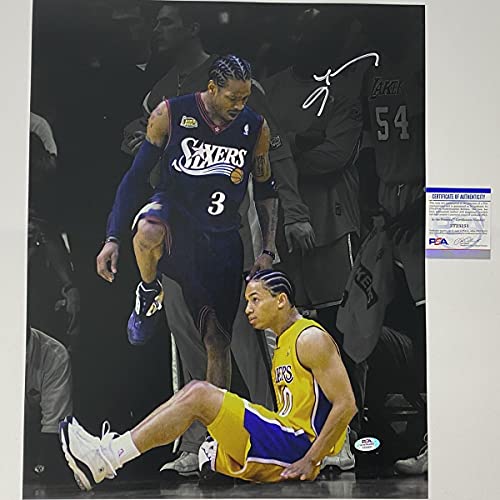 Autographed/Signed Allen Iverson Spotlight Tyronn Lou Step-Over Philadelphia 76ers Sixers 16×20 Basketball Photo PSA/DNA COA