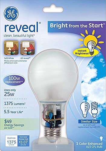 (Pack of 3) GE 87461 Reveal Bright from The Start CFL 25 watt 1375 Lumen A23 Light Bulb with Medium Base
