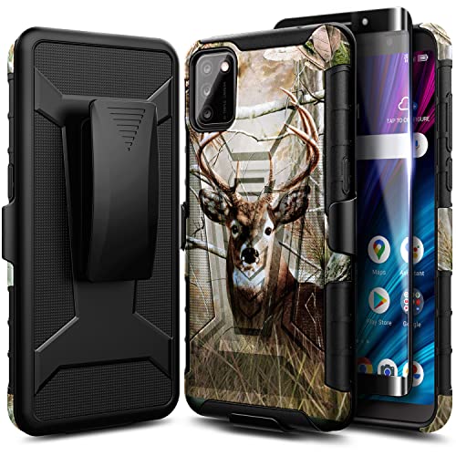NZND Case for Alcatel TCL A3X (A600DL) with Tempered Glass Screen Protector (Maximum Coverage), Belt Clip Holster Kickstand Heavy Duty Armor Defender Shockproof Rugged Phone Case (Deer)