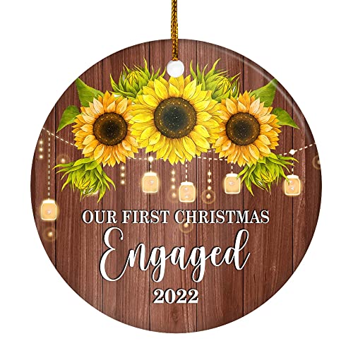 TeesNow 2022 Our First Christmas Engaged Just Married Sunflower Gift for Wedding Newlywed Couple 2022 Christmas Tree Ornament Circle