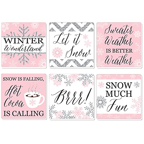 Big Dot of Happiness Pink Winter Wonderland – Holiday Snowflake Birthday Party and Baby Shower Decorations – Drink Coasters – Set of 6