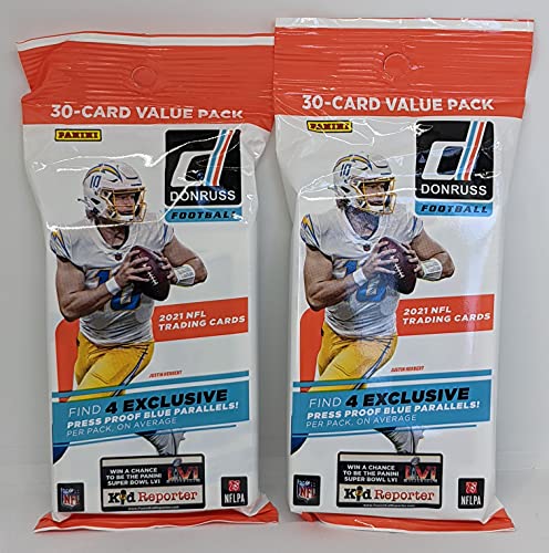 Pair 2021 Panini Donruss NFL Football 30-Card Value Fat Cello Packs (60 Cards Total) Exclusive Press Proof Blue Parallels