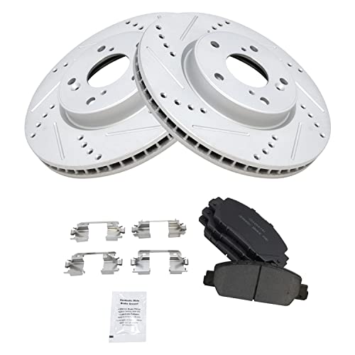 TRQ Front Performance Drilled Slotted Disc Brake Rotor & Ceramic Brake Pad Kit Set Compatible with 2013-2017 Honda Accord