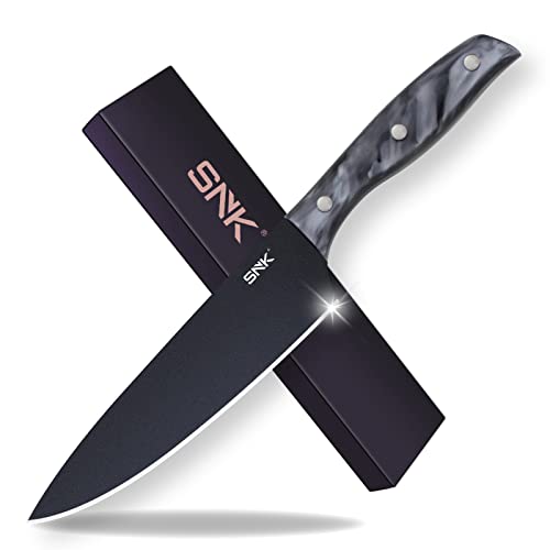 SNK 8 Inch Professional Chef Knife, Kitchen Knife with Full Tang and Ergonomic Acrylic Resin Handle, Quicksand Metallic Coating, Cooking Knife for Chopping and Slicing with Gift Box, Gray