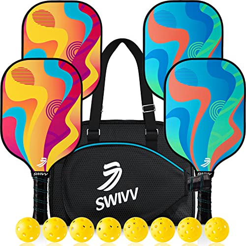 SWIVV Pickleball Paddles Set of 4 Lightweight Fiberglass Paddles, 8 Balls and Large Pickleball Bag
