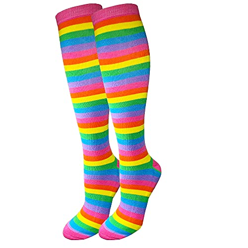 juDanzy Premium Striped Adult Knee High Tall Athletic Skater Tube Socks (Small, Bright Rainbow Stripes)