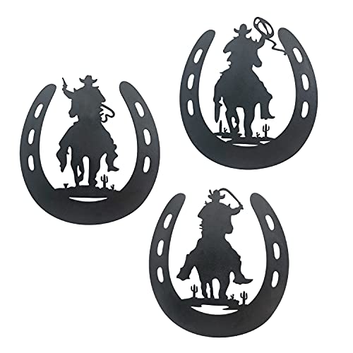 WAIU horseshoe metal wall art décor with cowboy, western rustic style horse shoes decoration hanging for bedroom living room bathroom, country decor for the home indoor outdoor,matte black