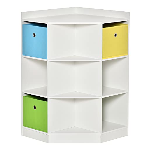 HOMCOM Kids Corner Cabinet, Cubby Toy Storage Organizer, Bookshelf Unit with Three Baskets for Playroom, Bedroom, Living Room, White