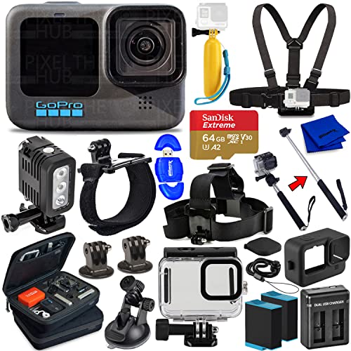 Pixel Hub GoPro HERO10 Hero 10 Camcorder Black – Ultimate Bundle Includes: Sandisk Ultra 64GB microSD, 2X Extra Batteries, Charger, Underwater Housing, LED Light Kit, Carry Case and More