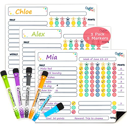 Magnetic Chore Chart 3pcs for Multiple Kids & Adults – 5 Fine Tip Markers – Dry Erase Refrigerator Whiteboards – Reward Good Behavior for Toddlers & Responsibility for Teenagers – Organize The Family