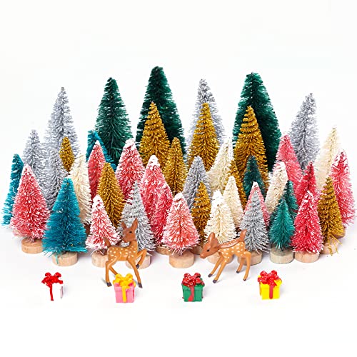 Yookat 51Pcs Mini Pine Trees Artificial Mini Trees with Wood Base Sisal Trees Bottle Brush Trees Assorted Color and Deer Boxes Winter Snow for Christmas Decoration (Multicolor-02)