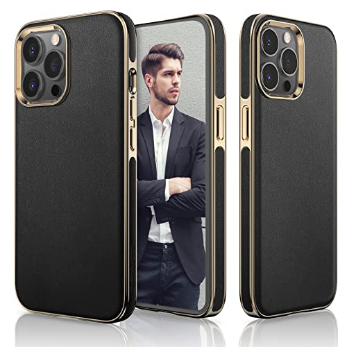 LOHASIC Designed for iPhone 13 Pro Max Leather Case, Premium Business Slim Classic Cover Soft Grip Shockproof Men Phone Cases Compatible with iPhone 13 Pro Max 5G 6.7 inch – Black Gold