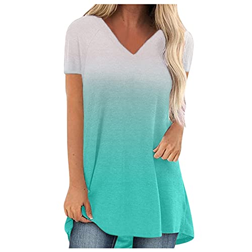 Women Summer Casual Tshirt Tops, Short Sleeve Loose V Neck Blouses Comfy Soft Ombre Trendy Tunic to wear with Legging