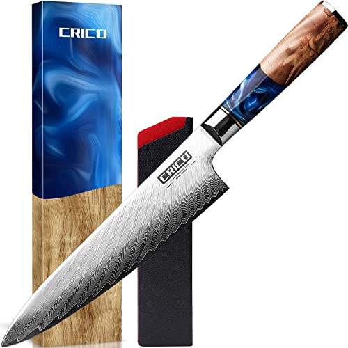CRICO Damascus Chef Knife 8 inch, Professional Kitchen Knives with Sheath, Forged Japanese VG10 67-Layers Super Steel, Stable-Wood&Resin Handle, Razor Sharp, Gift Box – Flow Series