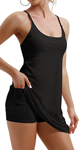 IUGA Women Tennis Dress Workout Dress Exercise Dress with Built-in Bras & Shorts Golf Athletic Dresses for Women (Black, Small)