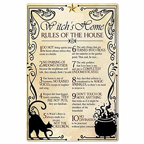 FESF Witch Home Rules of The House Metal Signs Wall Decor for Home Kitchen Living Room Club ,Halloween Party Decoration 12x17inch