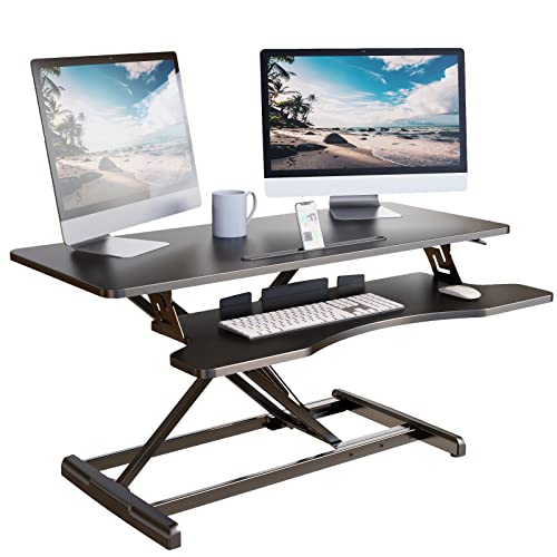 Lubvlook Standing Desk Converter, 37.4″ Height Adjustable Sit Stand Desk Riser for Dual Monitors with Keyboard Tray, Black