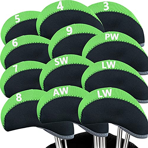 Golf Iron Head Covers Neoprene 12 Pack Irons Headcovers Set with Numbers Protector Cases for Men Women Fit All Brands (Black&Green)