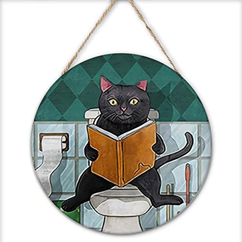 Why Cat Have A Seat Round Wood Hanging Sign Black Cat Poster Plate Funny Cat Print Cat Lover Gift Bathroom Wall Decor for Home Office Coffee Bar Club Front Door Decor Hanging Ornaments