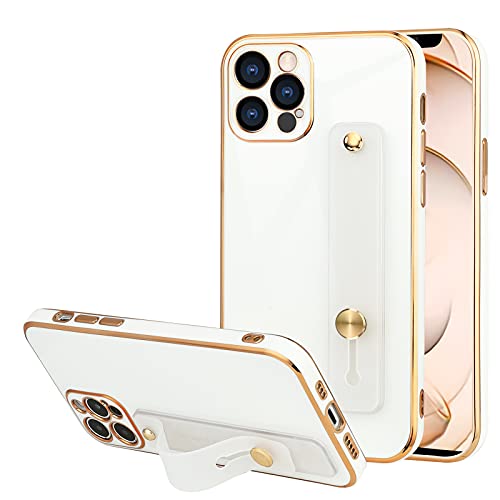 TEAUGHT Compatible with iPhone 13 Pro Case 6.1 Inch Soft TPU White Plating with Adjustable Wristband Kickstand Scratch Resistant Shockproof Anti-Fall Protective Slim Thin Electroplating Phone Cover