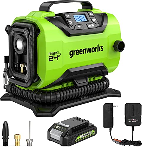 Greenworks 24V Portable Air Compressor – Cordless Tire Inflator, MAX 160 PSI, 2 Power Sources, Auto Shut Off, for Car, Bicycle, Motocycle, Air Boat, Inflatables, with 2AH battery + charger