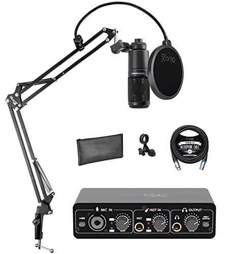 blucoil Audio-Technica AT2020 Cardioid Condenser Studio XLR Microphone Bundle Portable USB Audio Interface for Windows and Mac, Boom Arm Plus Pop Filter, and 10-FT Balanced XLR Cable