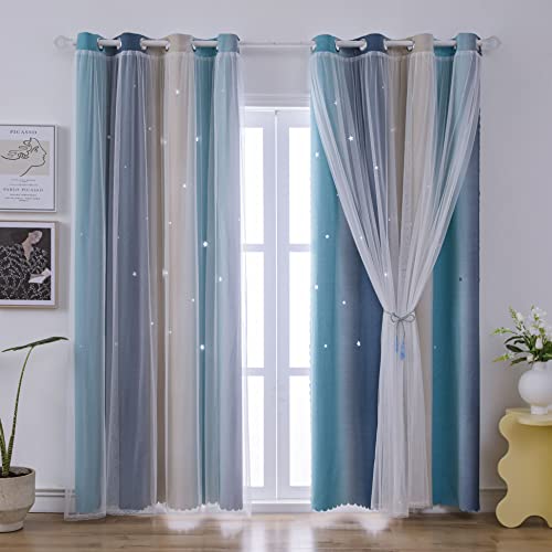 Rainbow Ombre Star Cutouts Blackout Curtains for Girl Kid Nursery Bedroom and Living Room Decor Darken Double Layer Window Cute Grommet Soundproof Darpes Light (Yellow Blue 52W X 95L 2- Panels)