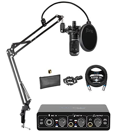 blucoil Audio Technica AT2035 Cardioid Condenser Microphone for Studio, Podcasting & Streaming Bundle Portable USB Audio Interface for Windows and Mac, Boom Arm Plus Pop Filter, and 10′ XLR Cable