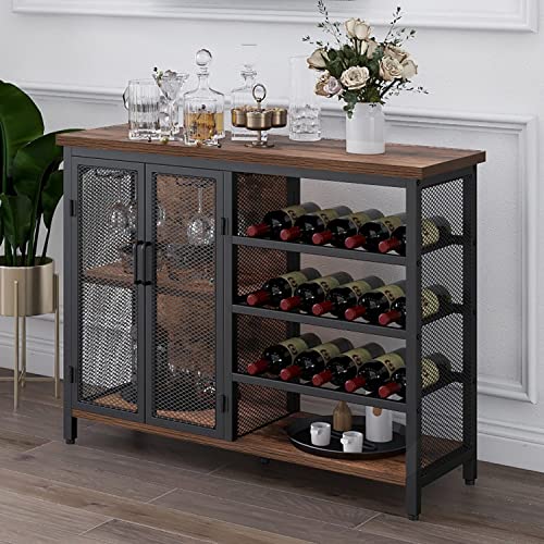 GiftGo Industrial Bar Cabinet for Liquor and Glasses Wood and Metal Freestanding Wine Rack Table Accent Sideboard Buffet Cabinet (Rustic Brown)