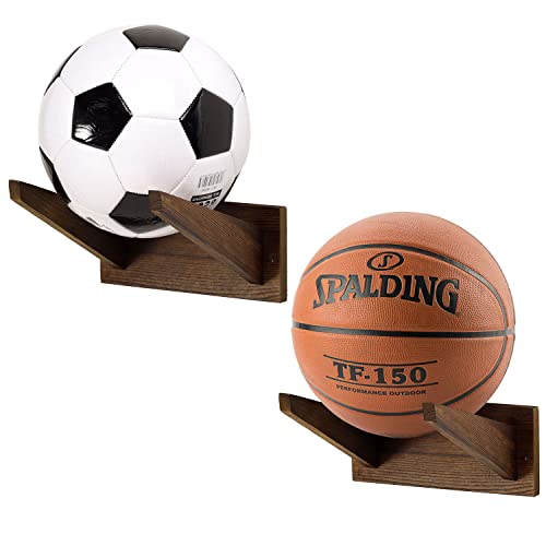MyGift Wall-Mounted Sports Ball Display Rack, Rustic Burnt Wood Ball Holder for Basketball, Football, Soccer and Volleyball, Set of 2