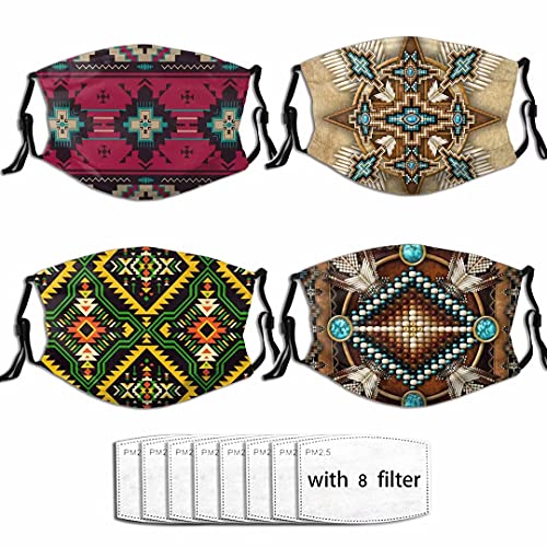 ALBISAI 4-Packs Native Southwest American Indian Aztec Navajo Face Mask with 8 Filter, Breathable-Adjustable Mask Birthday Balaclava for Adult