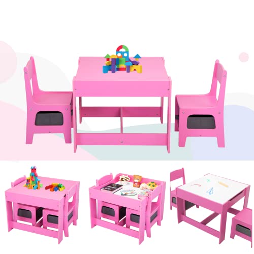 Sandinrayli Kids Table & 2 Chairs Set,3 in 1 Wooden Children Activity Table with Storage Drawer & Detachable Blackboard,Toddler Table and Chair Set for Playing, Drawing, Reading (Pink)