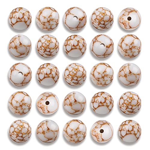 NITOPUPU 100Pcs 8mm Natural Smooth White Howlite Spun Gold Beads Round Loose Gemstone Stone Beads for Jewerly Making with Crystal Stretch Cord