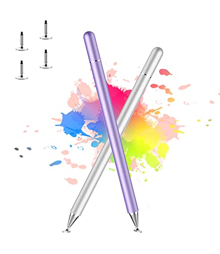 Stylus Pen for iPad, LUNTAK Stylus Pens for Apple/iPhone/Ipad pro/Mini/Air/Android/Microsoft/Surface All Capacitive Touch Screens Universal with 4 Replacement Tips (2 Pcs, Purple and Silver)