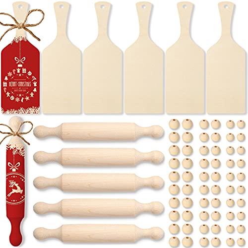 6 Pcs Mini Rolling Pin Wooden Handle Rolling Pin, 6 Pcs Wooden Cutting Board with Handle Serving Paddle Chopping Board Serving Board for Baking, 60 Pcs Wooden Bead Unfinished Wood Bead with Twine