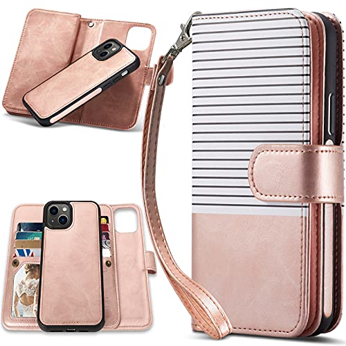 CASEOWL Phone Case Wallet Compatible for iPhone 13 Wallet Case Detachable-2 in 1 Flip Leather Wallet Case for Women [RFID Blocking] with 9 Card Slots Holder, Hand Strap for iPhone 13 2021 (Rose Gold)