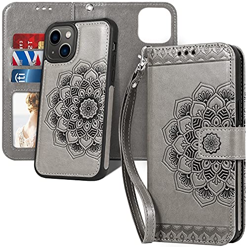 CASEOWL Compatible for iPhone 13 Wallet Case Magnetic Detachable-2 in 1 Mandala Embossed Flip Leather Wallet Case for Women Girls[RFID Blocking] with Card Holder, Hand Strap for iPhone 13 2021(Gray)