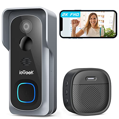 ieGeek Wireless Doorbell Camera, 2K Video Doorbell Camera with Wireless Indoor Doorbell Chime, PIR Human Motion Detection, 3MP Night Vision, 2-Way Audio, IP65 Waterproof, 2.4Ghz WiFi, Works with Alexa