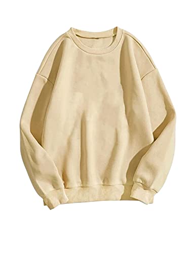 Meladyan Basic Solid Fleece Drop Shoulder Sweatshirt Oversized Premium Crewneck Long Sleeve Pullover Jumper Top Vintage Apricot