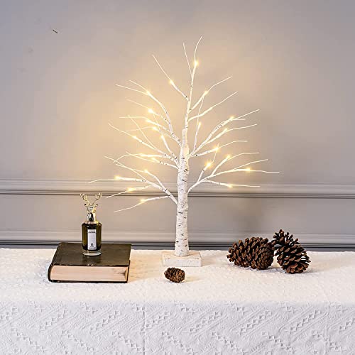 ESTTOP 2FT 24LT Led Lighted Birch Tree, 24 Inch Small White Money Artificial Fairy Tree for Christmas Decorations Indoor, Battery Powered Timer Wedding Party Home Mantle Table Top Centerpieces Decor