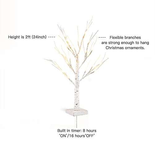 ESTTOP 2FT 24LT Led Lighted Birch Tree, 24 Inch Small White Money Artificial Fairy Tree for Christmas Decorations Indoor, Battery Powered Timer Wedding Party Home Mantle Table Top Centerpieces Decor | The Storepaperoomates Retail Market - Fast Affordable Shopping