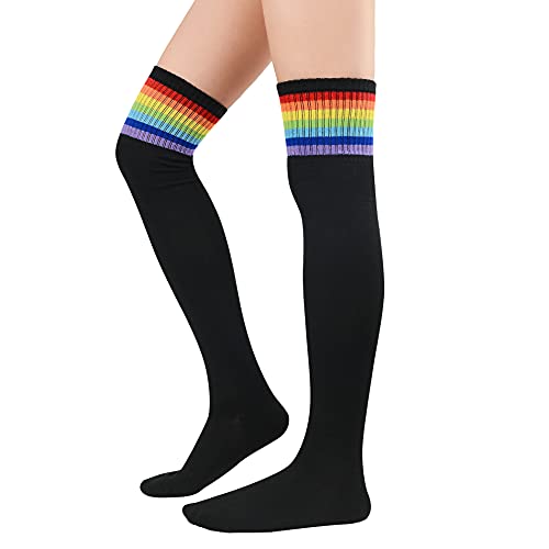 Thigh High Socks Tube Socks for Women Striped Over Knee Socks Athletic Sports Soft Warm Long Socks 1 Pack Black Rainbow One Size