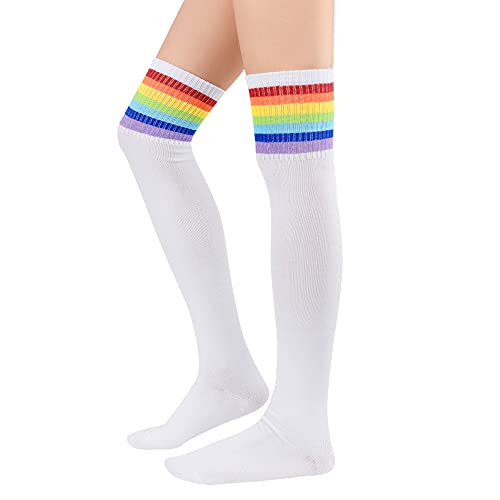 Thigh High Socks Tube Socks for Women Striped Over Knee Socks Athletic Sports Soft Warm Long Socks 1 Pack White Rainbow One Size
