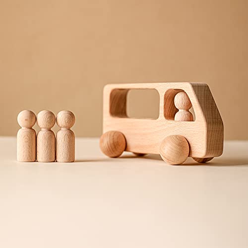 4 Wooden Figures in The Bus – Peg Dolls Unfinished Wooden Peg People Cars Wooden Figures Shape Preschool Learning Educational Toys Montessori Toys for Toddlers