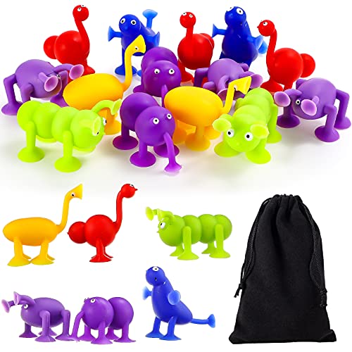24 Pieces Silicone Suction Toys Building Blocks Suction Toy Bath Suction Toys Animal Shape Sucker Toys with Storage Bag for Stress Release Interactive Game