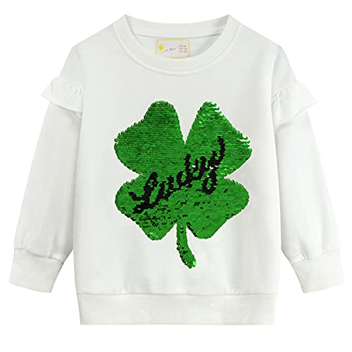 Toddler Girls Fleece Sweatshirt Cute Lucky Clover Flip Sequins Shamrock Tops Long Sleeve Kids Ruffle Shirt White Size 6 7
