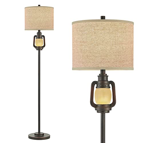 LuxSight Collection Lantern Standing Floor Lamp with Night Light Dark Bronze Finish Linen Fabric Hardback Shade Decor for Living Room Reading House Bedroom Home Office