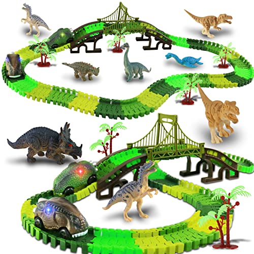 AvoKlan Dinosaur Toys for Kids, 163 Pieces Flexible Dinosaur Track Playset with 6 Dinosaurs and 2 LED Dinosaur Cars, Dino Race Tracks for 3 4 5 6 7 8 Year & Up Old Boys and Girls