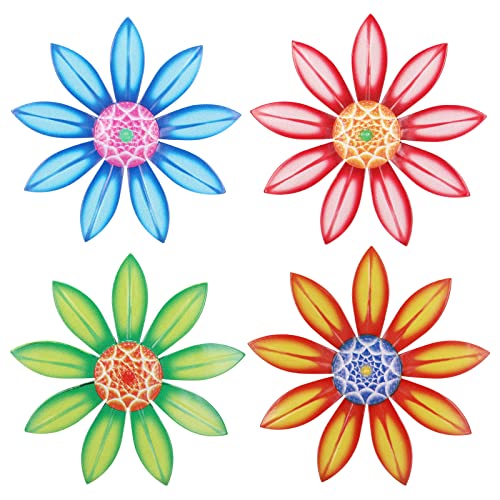 LINGSFIRE Metal Wall Art Decor, 4 Pack Metal Flowers Wall Decor 6.7 Inch Colorful Metal Flower Decor Sculpture Indoor Outdoor Hanging Wall Decor for Home Bedroom Kitchen Garden Pool Fence