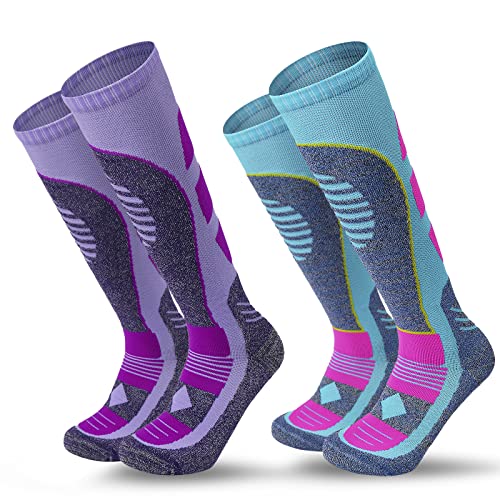 AII Thermal Ski Socks Mens and Women（2 Pairs）,Cross Country Skis Snowboard socks for Skiing Outdoor socks (1Purple+1Blue, Large)